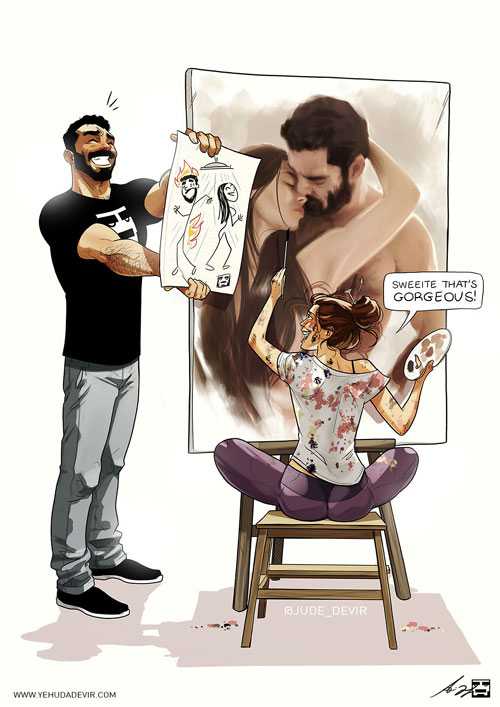 Họa sĩ Yehuda Adi Devir nổi tiếng trên mạng xã hội với những bức vẽ mô tả cuộc sống, tình yêu của anh dành cho vợ. Những khoảnh khắc đời thường diễn ra hàng ngày của hai người trở nên chân thực, sống động và đầy hài hước trong từng bức vẽ.