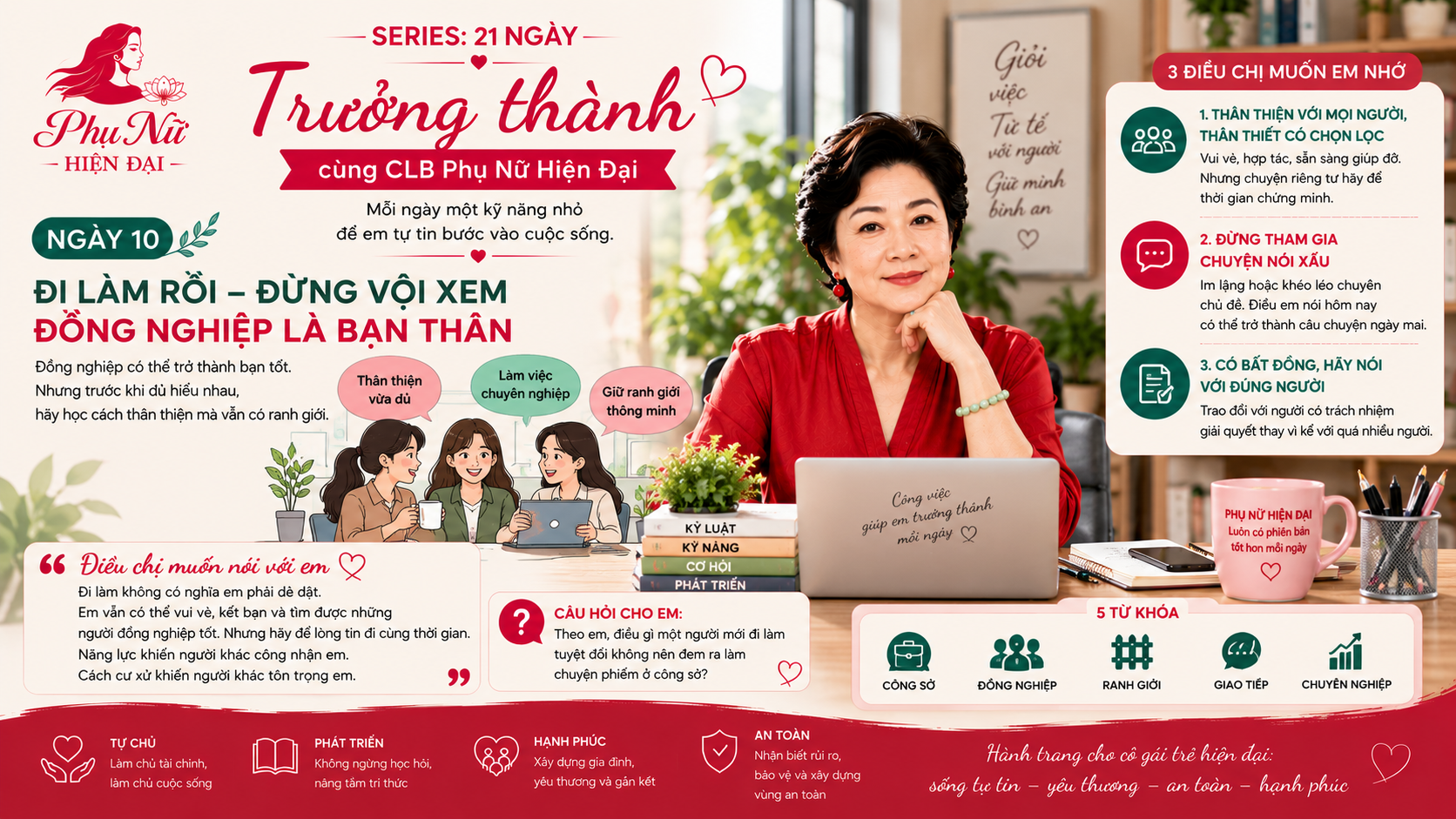 SERIES: 21 NGÀY TRƯỞNG THÀNH CÙNG CLB PHỤ NỮ HIỆN ĐẠI - NGÀY 10: ĐI LÀM RỒI – ĐỪNG VỘI XEM ĐỒNG NGHIỆP LÀ BẠN THÂN 1 ChatGPT Image 16 37 41 2 thg 10 2026